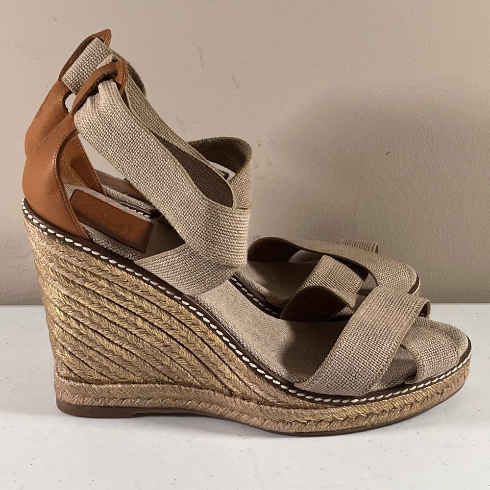 Tory Burch Sandals Womens 9.5 Khaki Frieda Stripe Platform Espadrille Wedge Heel - Picture 4 of 11